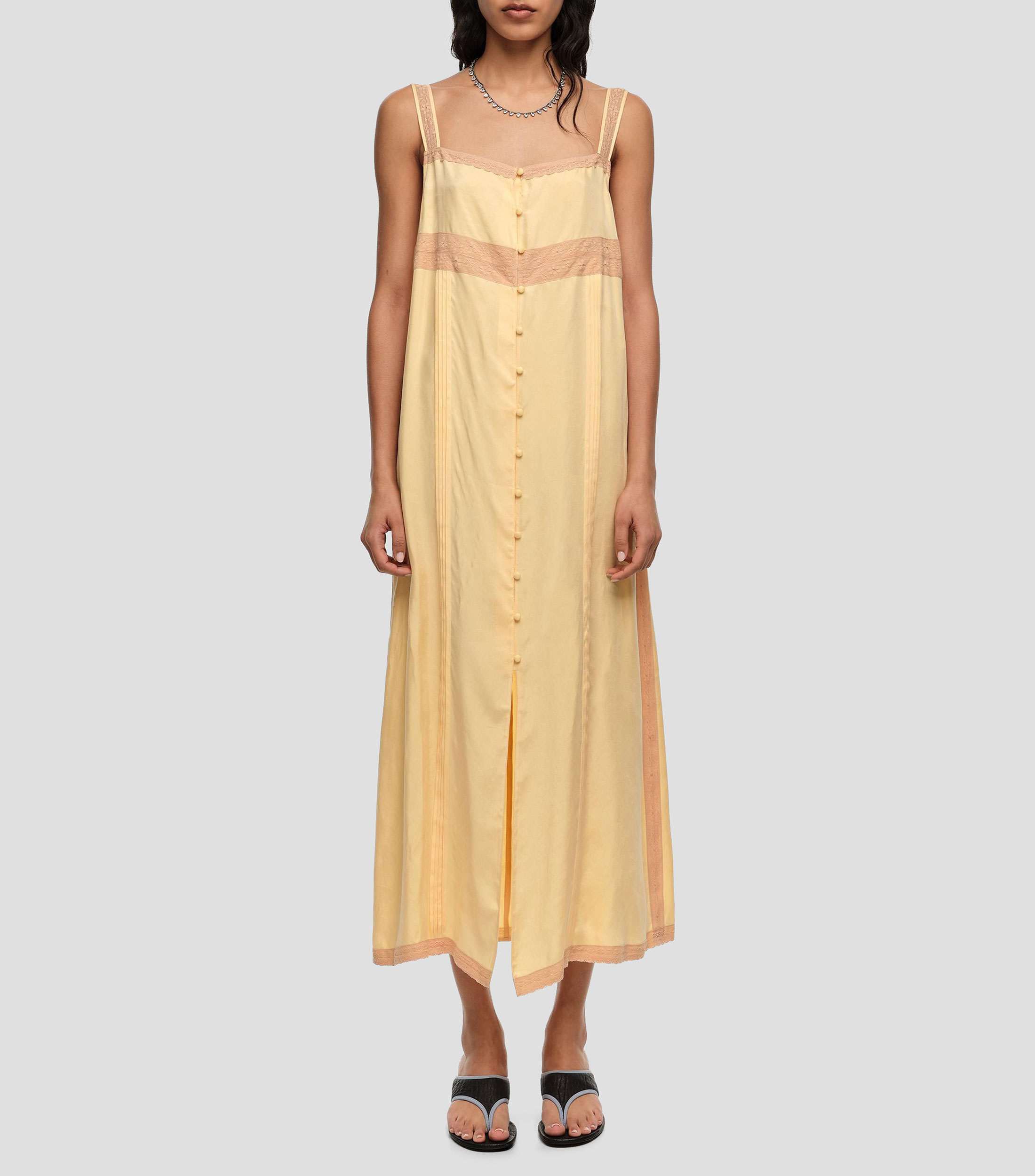 Vestido línea A botones y encajes amarillo Mujer